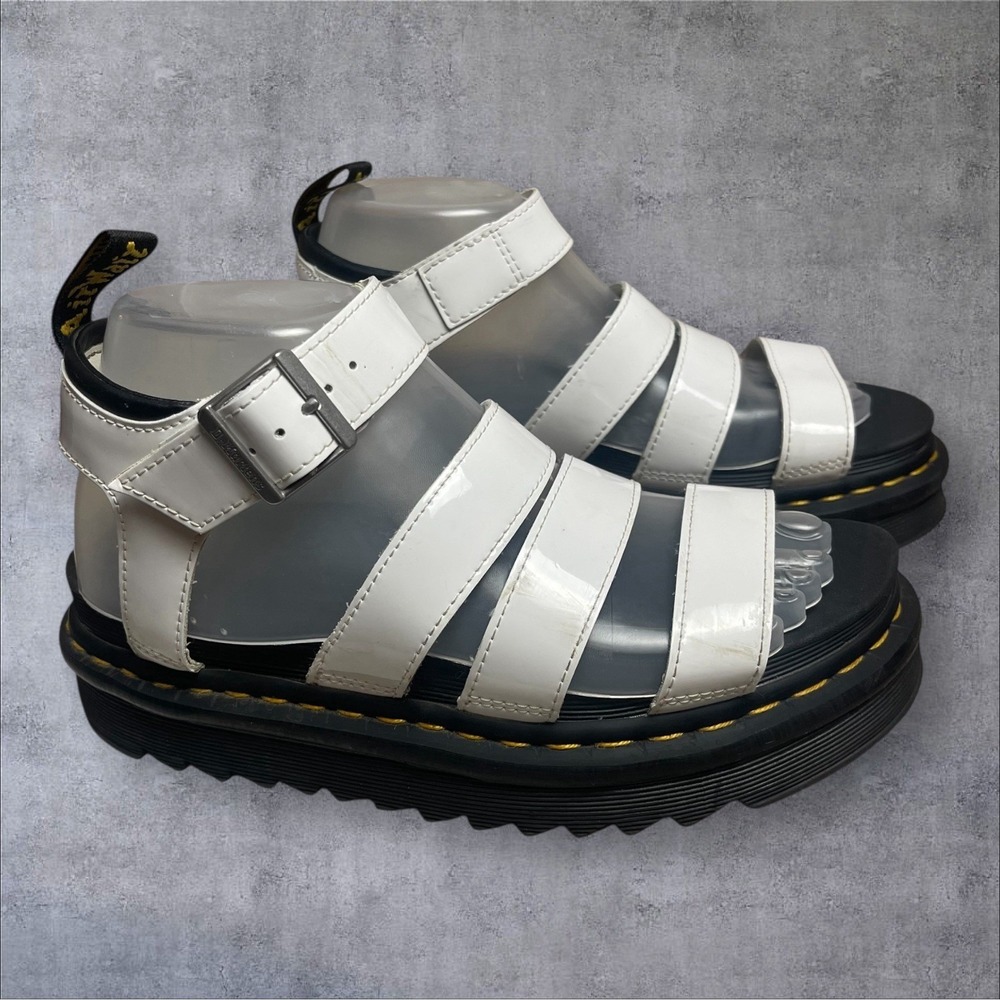 Dr. Martens Blaire Strappy White Patent Hydro Leather Sandals Womens 7 Chunky - Picture 1 of 8